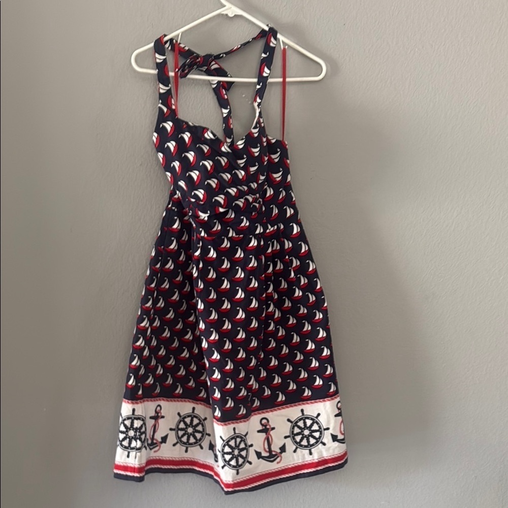 Ahoy sailor! Nautical sailboat Anthropologie Blue Halter Mini Sundress babydoll - Picture 2 of 14